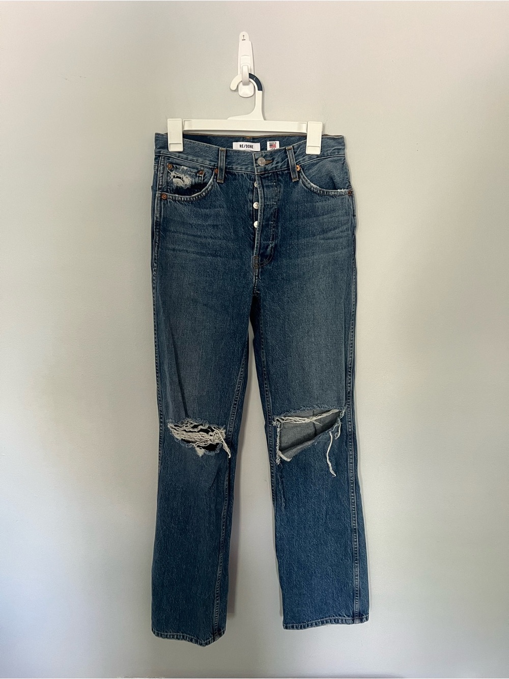 Re/done High-Waist Distressed Button-Fly Jeans - Medium Blue size 28 - Picture 2 of 10